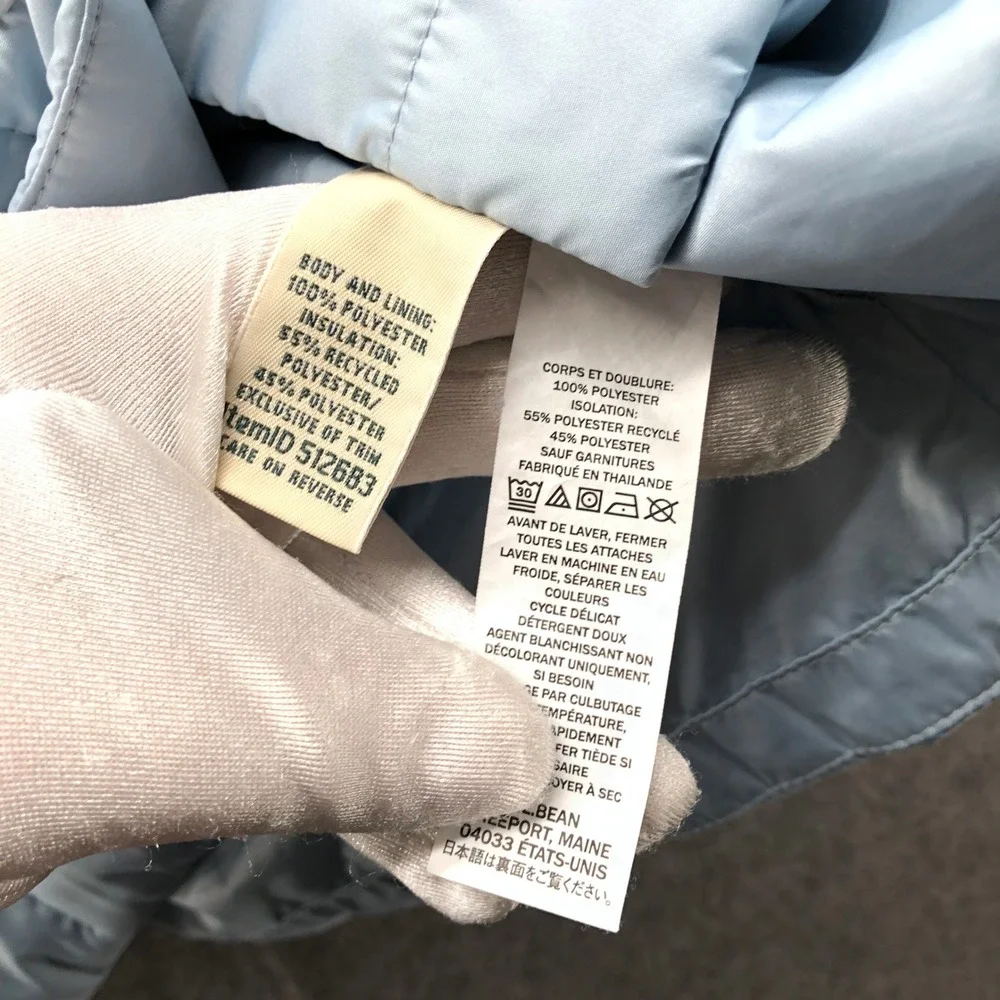 L.L. Bean Collarless Short Sleeve Puffer Jacket Womens S Light Blue Snap Button